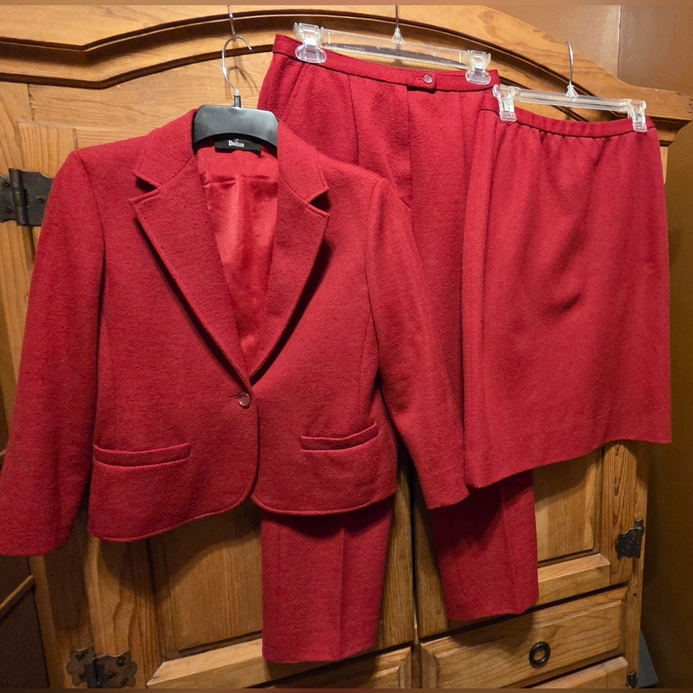 Womens 3pc Red Suit Pants Skirt Jacket Set (6) Small James Kenrob by Dalton Vtg